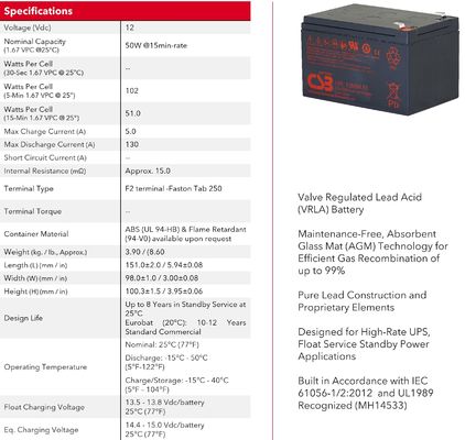 Batería CSB HRL1250W 12V 50W Baterías de gel seco de plomo-ácido recargables de alto rendimiento para energía eléctrica